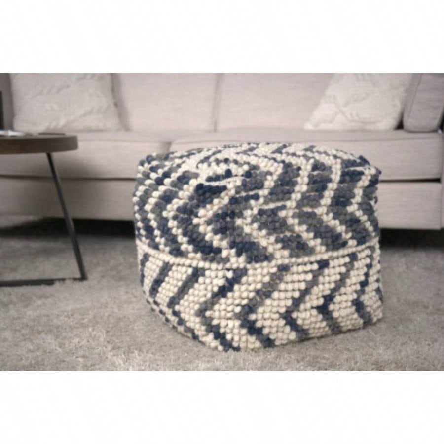 Alina Wool and Cotton Pouf, Natural and Blue