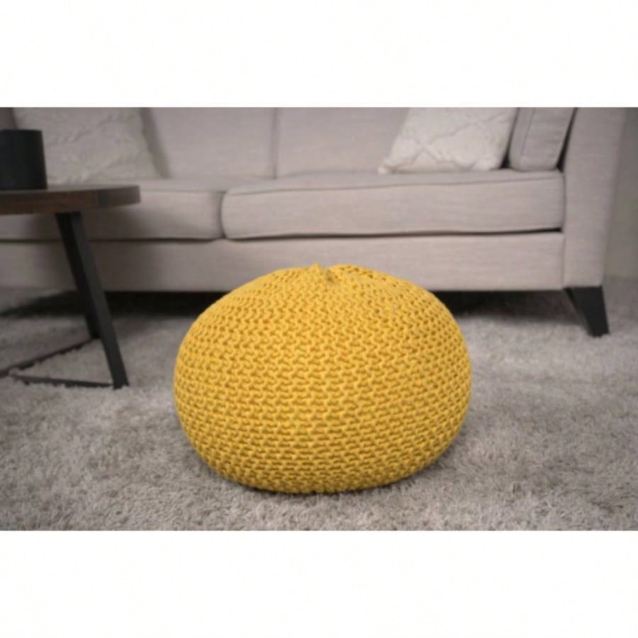 Knitted Cotton Round Pouf, Yellow