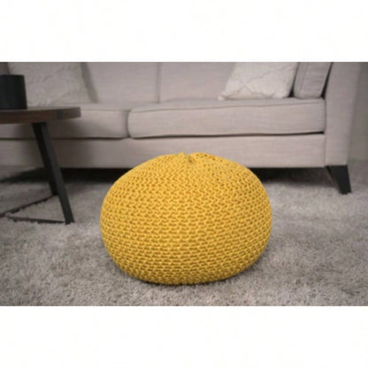 Knitted Cotton Round Pouf, Yellow