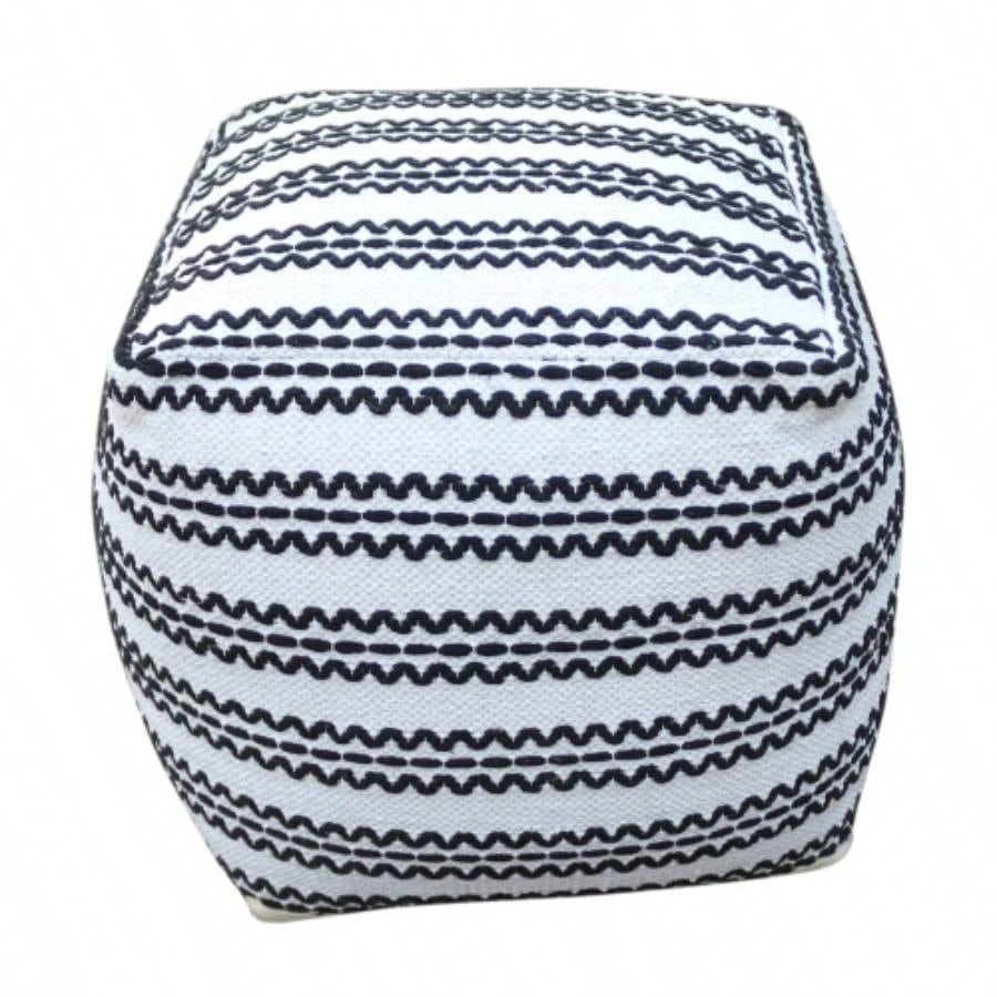 Lani Handcrafted Fabric Pouf, Natural with Black