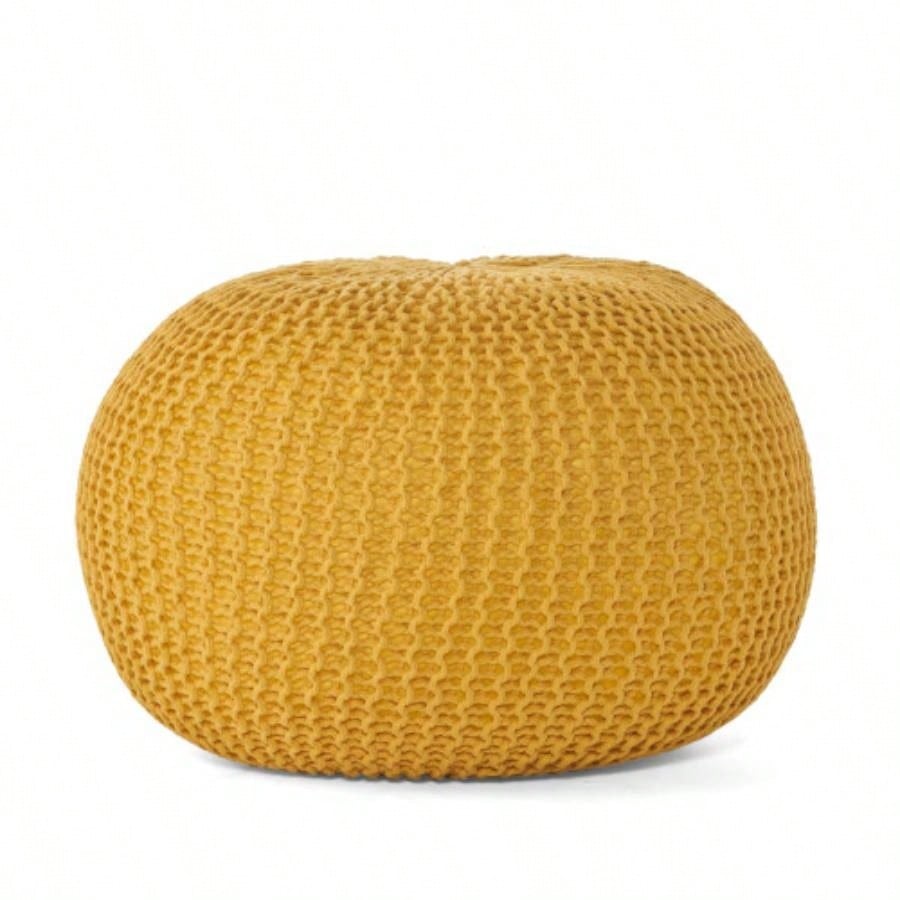 Knitted Cotton Round Pouf, Yellow