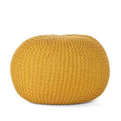 Knitted Cotton Round Pouf, Yellow