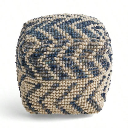 Alina Wool and Cotton Pouf, Natural and Blue