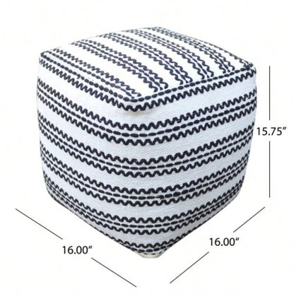 Lani Handcrafted Fabric Pouf, Natural with Black