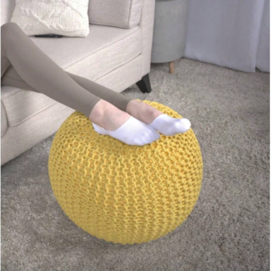 Knitted Cotton Round Pouf, Yellow