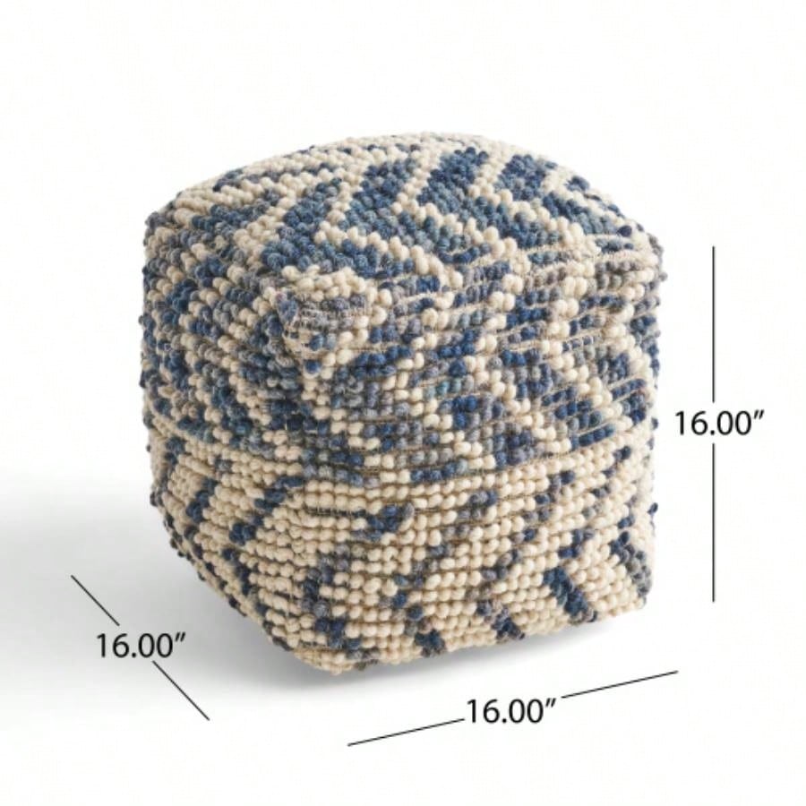 Alina Wool and Cotton Pouf, Natural and Blue