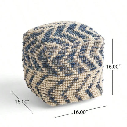Alina Wool and Cotton Pouf, Natural and Blue