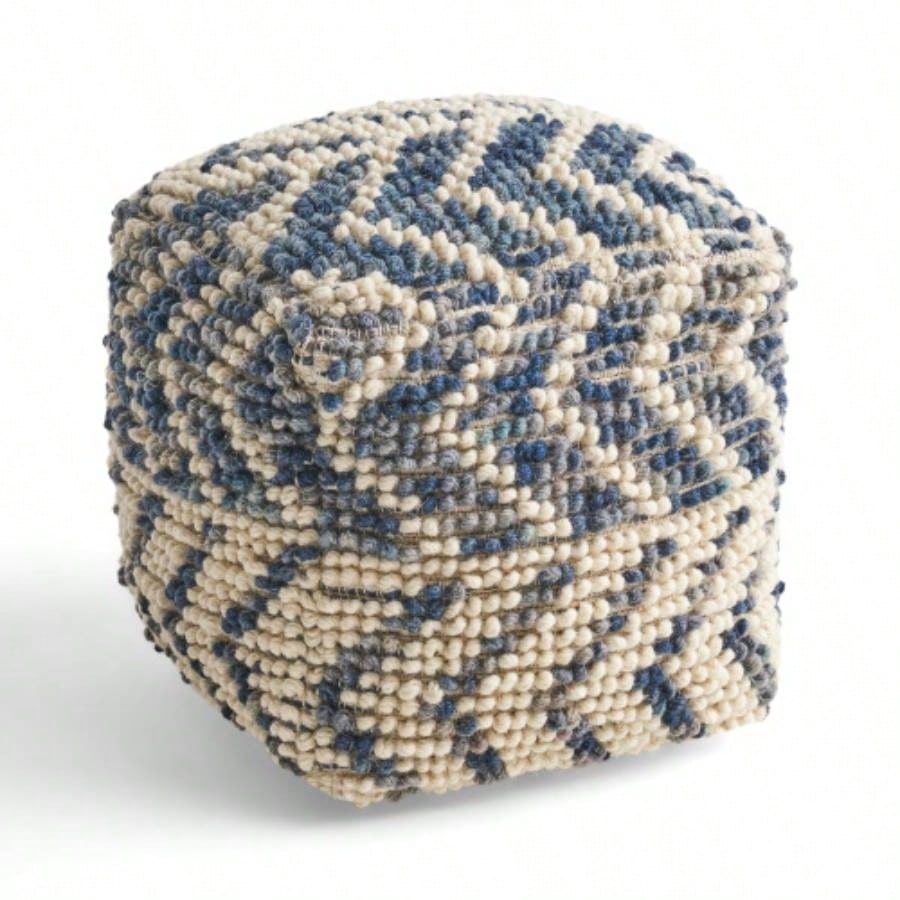 Alina Wool and Cotton Pouf, Natural and Blue