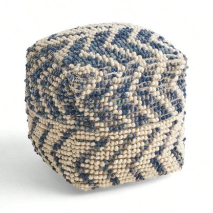 Alina Wool and Cotton Pouf, Natural and Blue