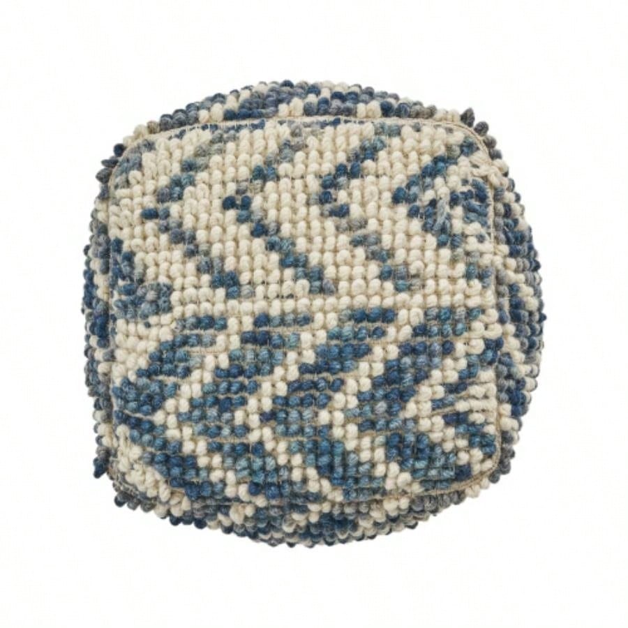 Alina Wool and Cotton Pouf, Natural and Blue