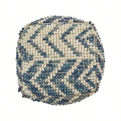 Alina Wool and Cotton Pouf, Natural and Blue