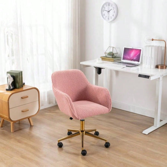 Modern Teddy Fabric Material Adjustable Height 360 Revolving Home Office Chair With Gold Metal And Universal Wheel Indoor, Pink