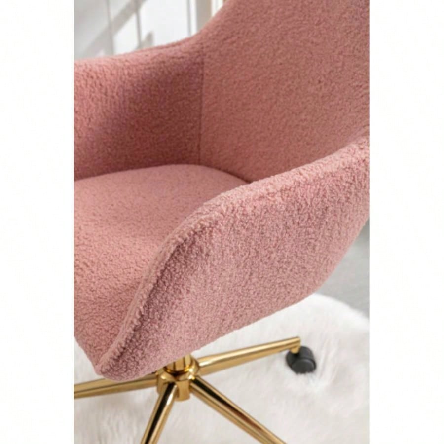 Modern Teddy Fabric Material Adjustable Height 360 Revolving Home Office Chair With Gold Metal And Universal Wheel Indoor, Pink
