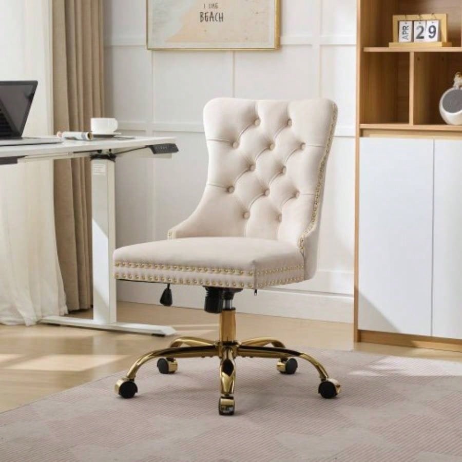 AA Furniture Office Chair, Modern Velvet Upholstered Tufted Button Home Office Chair with Golden Metal Base, Adjustable Desk Chair Swivel Office Chair Beige