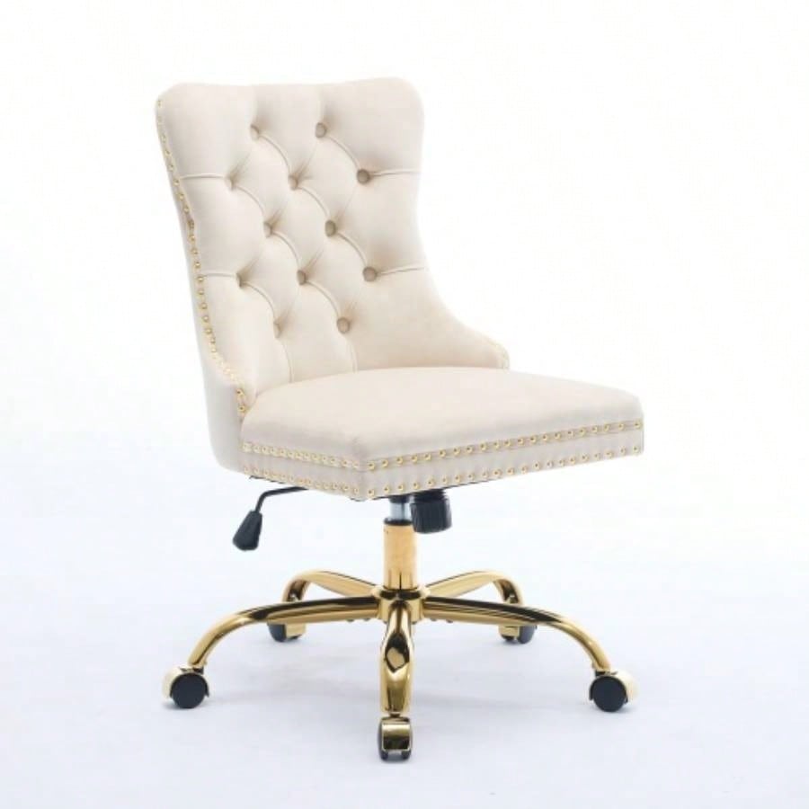 AA Furniture Office Chair, Modern Velvet Upholstered Tufted Button Home Office Chair with Golden Metal Base, Adjustable Desk Chair Swivel Office Chair Beige