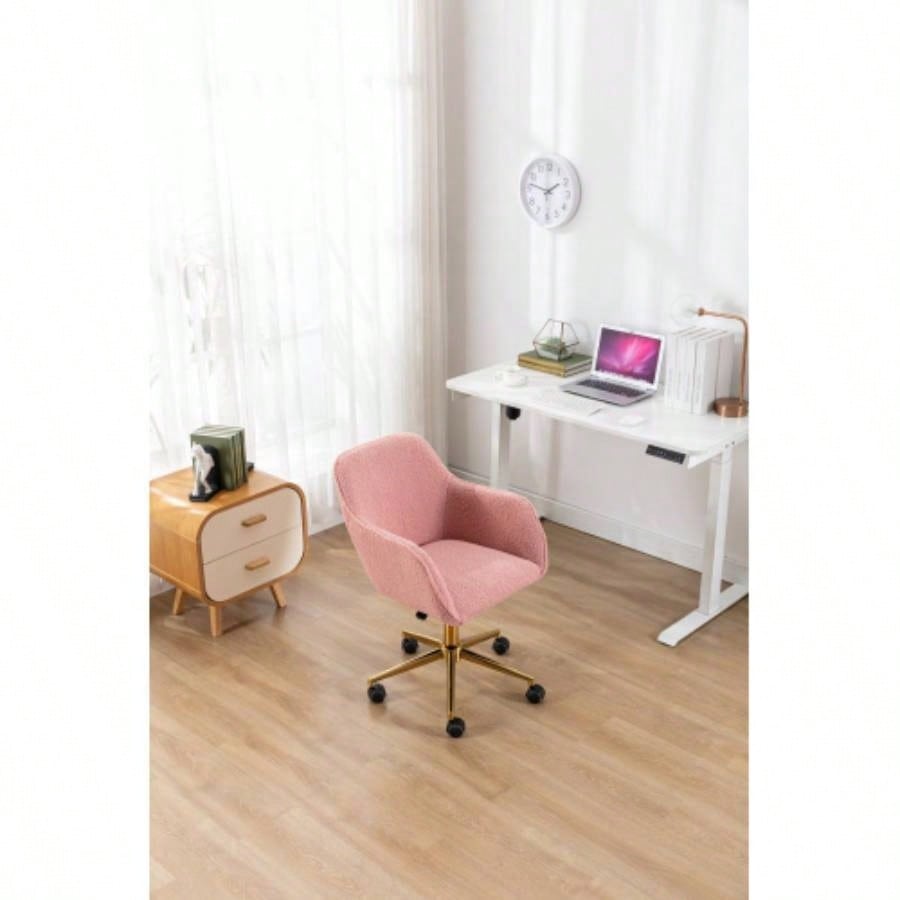 Modern Teddy Fabric Material Adjustable Height 360 Revolving Home Office Chair With Gold Metal And Universal Wheel Indoor, Pink