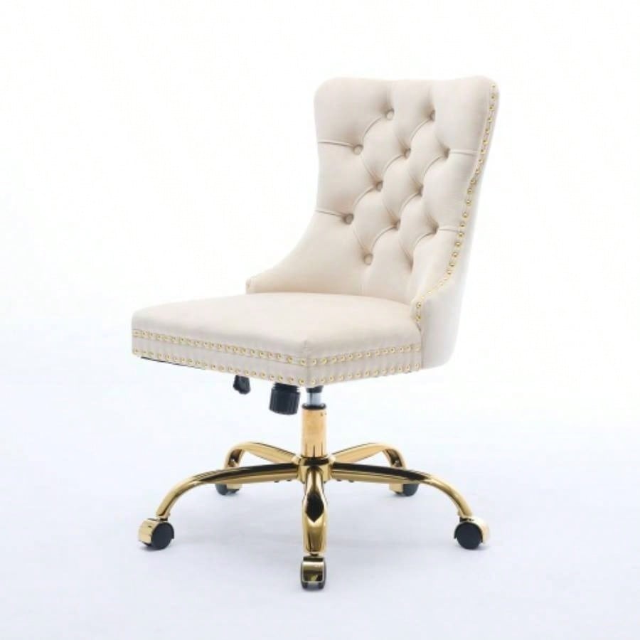 AA Furniture Office Chair, Modern Velvet Upholstered Tufted Button Home Office Chair with Golden Metal Base, Adjustable Desk Chair Swivel Office Chair Beige