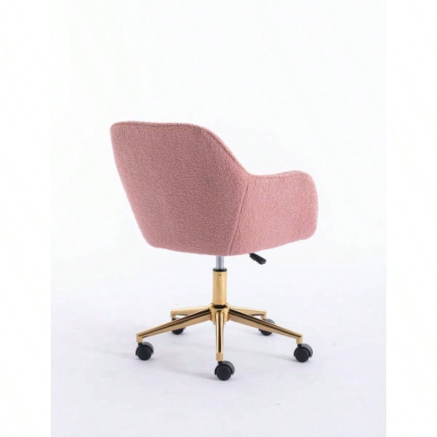 Modern Teddy Fabric Material Adjustable Height 360 Revolving Home Office Chair With Gold Metal And Universal Wheel Indoor, Pink
