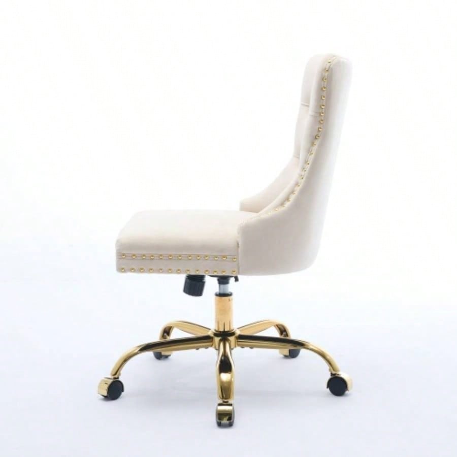 AA Furniture Office Chair, Modern Velvet Upholstered Tufted Button Home Office Chair with Golden Metal Base, Adjustable Desk Chair Swivel Office Chair Beige