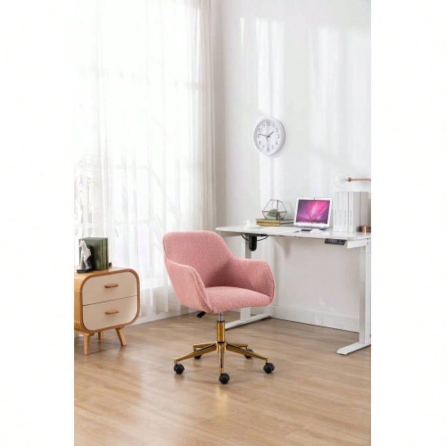 Modern Teddy Fabric Material Adjustable Height 360 Revolving Home Office Chair With Gold Metal And Universal Wheel Indoor, Pink