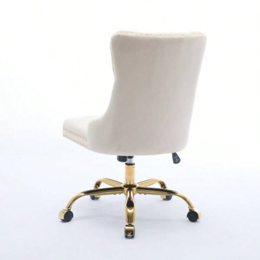AA Furniture Office Chair, Modern Velvet Upholstered Tufted Button Home Office Chair with Golden Metal Base, Adjustable Desk Chair Swivel Office Chair Beige