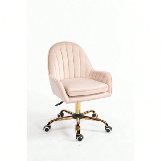 Velvet Home Office Chair with Wheels, Cute Chair with Side Arms and Gold Metal Base Living Room, Bedroom, and Vanity Room, Bling Desk Nail Desk Women, Adjustable Height, Pink