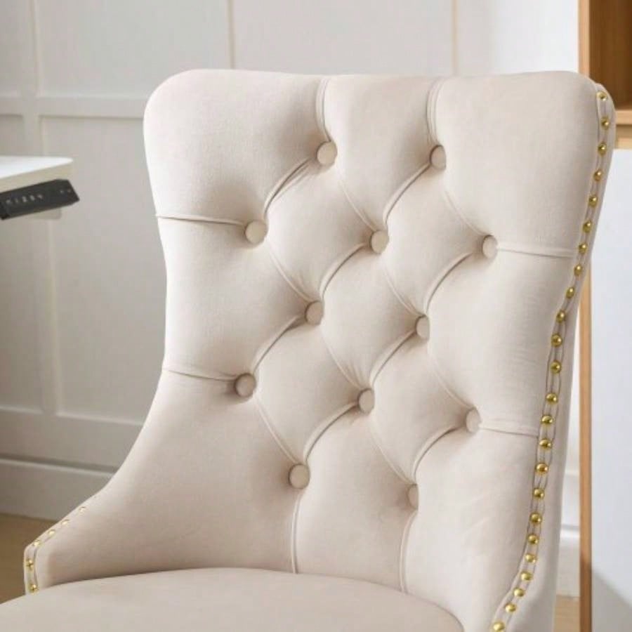 AA Furniture Office Chair, Modern Velvet Upholstered Tufted Button Home Office Chair with Golden Metal Base, Adjustable Desk Chair Swivel Office Chair Beige