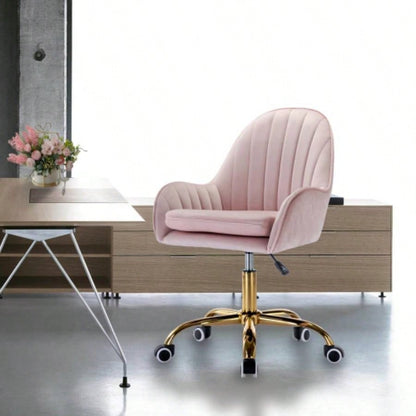 Velvet Home Office Chair with Wheels, Cute Chair with Side Arms and Gold Metal Base Living Room, Bedroom, and Vanity Room, Bling Desk Nail Desk Women, Adjustable Height, Pink