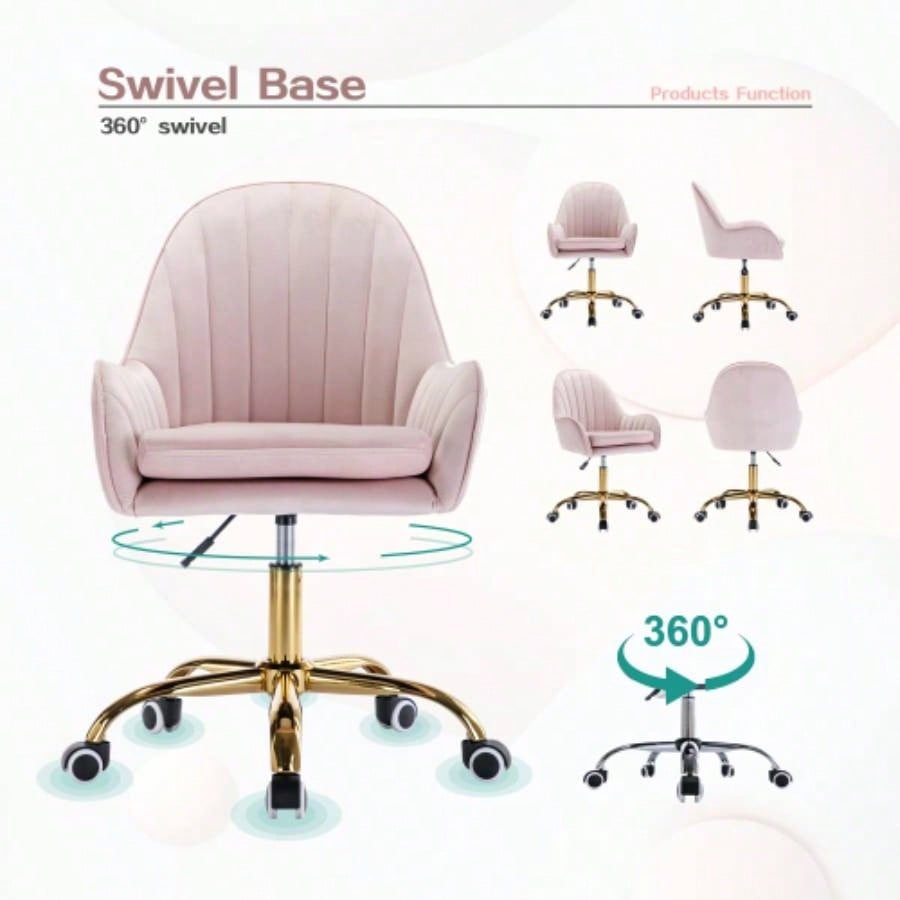 Velvet Home Office Chair with Wheels, Cute Chair with Side Arms and Gold Metal Base Living Room, Bedroom, and Vanity Room, Bling Desk Nail Desk Women, Adjustable Height, Pink