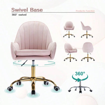 Velvet Home Office Chair with Wheels, Cute Chair with Side Arms and Gold Metal Base Living Room, Bedroom, and Vanity Room, Bling Desk Nail Desk Women, Adjustable Height, Pink