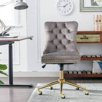 AA Furniture Office Chair, Modern Velvet Upholstered Tufted Button Home Office Chair with Golden Metal Base, Adjustable Desk Chair Swivel Office Chair Beige