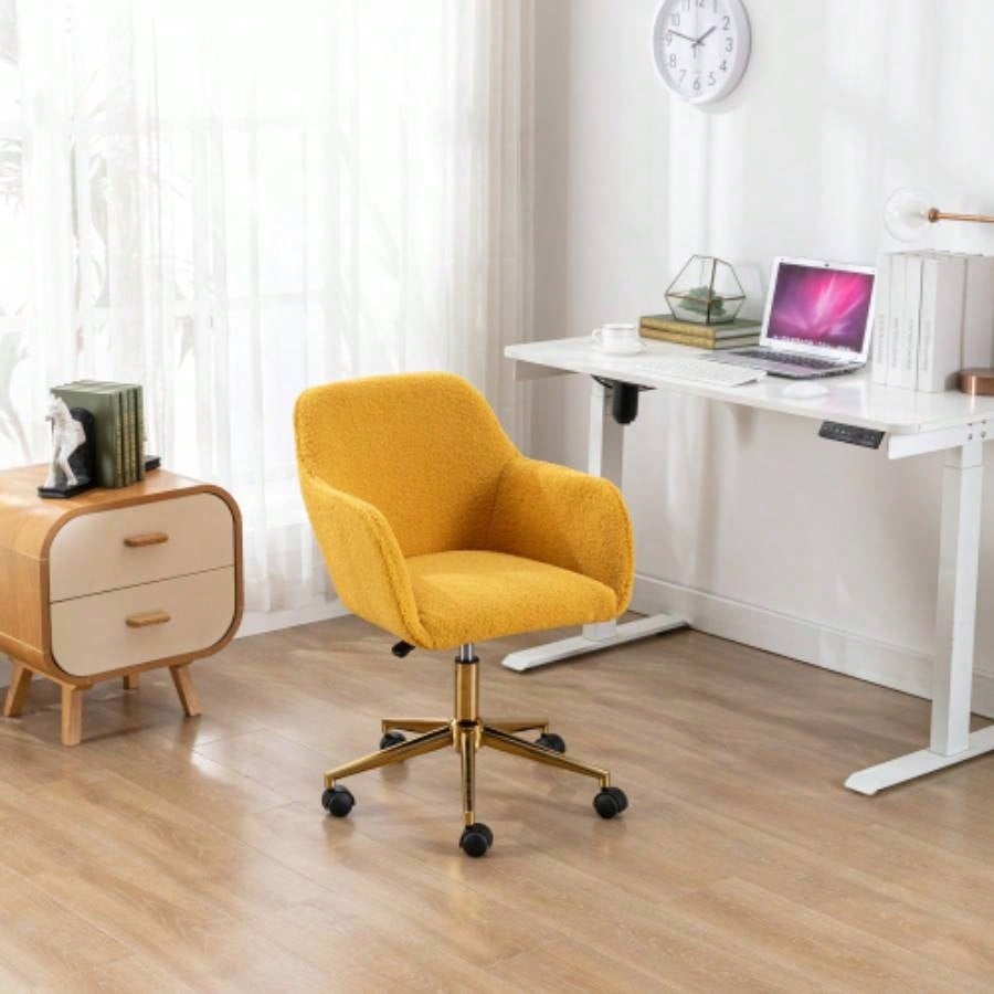 Modern Teddy Fabric Material Adjustable Height 360 Revolving Home Office Chair With Gold Metal And Universal Wheel Indoor, Pink