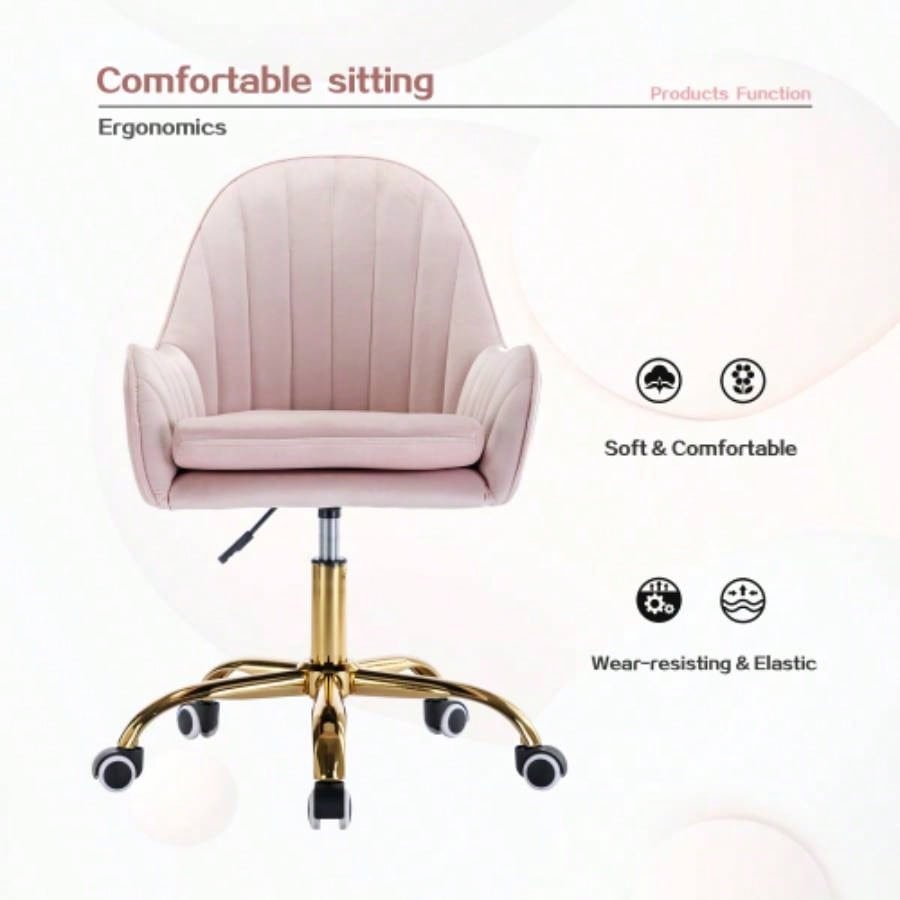 Velvet Home Office Chair with Wheels, Cute Chair with Side Arms and Gold Metal Base Living Room, Bedroom, and Vanity Room, Bling Desk Nail Desk Women, Adjustable Height, Pink
