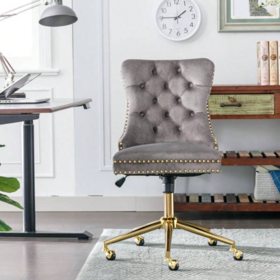 AA Furniture Office Chair, Modern Velvet Upholstered Tufted Button Home Office Chair with Golden Metal Base, Adjustable Desk Chair Swivel Office Chair Beige