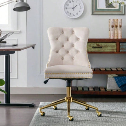 AA Furniture Office Chair, Modern Velvet Upholstered Tufted Button Home Office Chair with Golden Metal Base, Adjustable Desk Chair Swivel Office Chair Beige