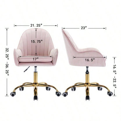 Velvet Home Office Chair with Wheels, Cute Chair with Side Arms and Gold Metal Base Living Room, Bedroom, and Vanity Room, Bling Desk Nail Desk Women, Adjustable Height, Pink