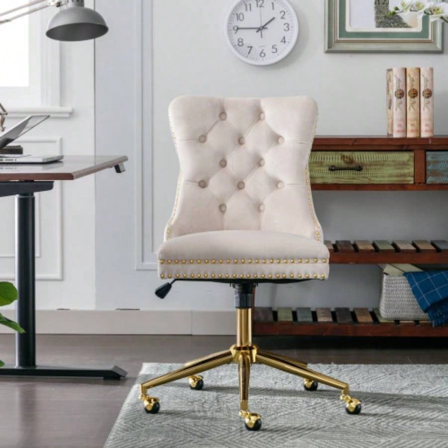 AA Furniture Office Chair, Modern Velvet Upholstered Tufted Button Home Office Chair with Golden Metal Base, Adjustable Desk Chair Swivel Office Chair Beige