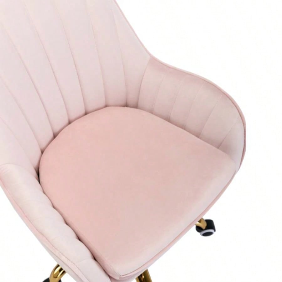 Velvet Home Office Chair with Wheels, Cute Chair with Side Arms and Gold Metal Base Living Room, Bedroom, and Vanity Room, Bling Desk Nail Desk Women, Adjustable Height, Pink