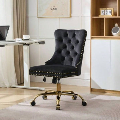 AA Furniture Office Chair, Modern Velvet Upholstered Tufted Button Home Office Chair with Golden Metal Base, Adjustable Desk Chair Swivel Office Chair Beige