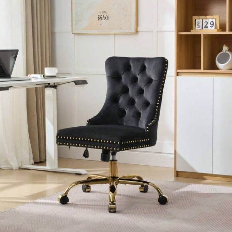 AA Furniture Office Chair, Modern Velvet Upholstered Tufted Button Home Office Chair with Golden Metal Base, Adjustable Desk Chair Swivel Office Chair Beige