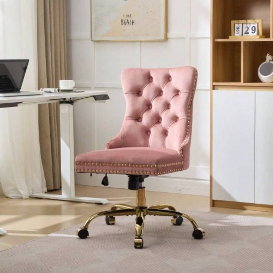 AA Furniture Office Chair, Modern Velvet Upholstered Tufted Button Home Office Chair with Golden Metal Base, Adjustable Desk Chair Swivel Office Chair Beige