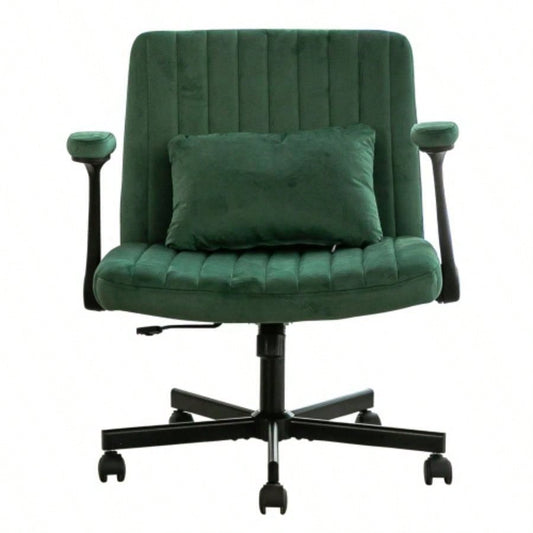 Green Velvet Criss Armrest Office Chair with Wheels - Modern Home Office, Meditation Work