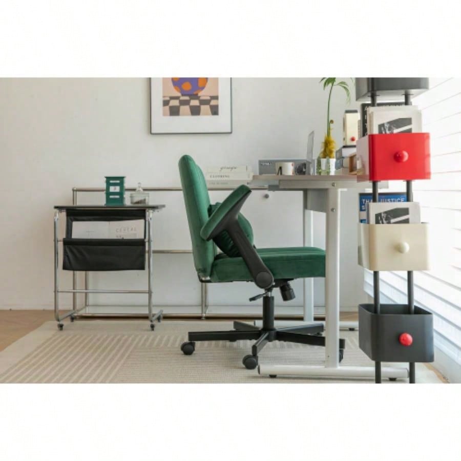 Green Velvet Criss Armrest Office Chair with Wheels - Modern Home Office, Meditation Work