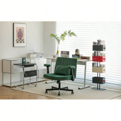 Green Velvet Criss Armrest Office Chair with Wheels - Modern Home Office, Meditation Work