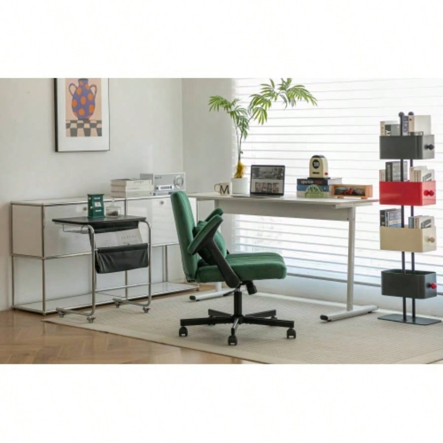 Green Velvet Criss Armrest Office Chair with Wheels - Modern Home Office, Meditation Work