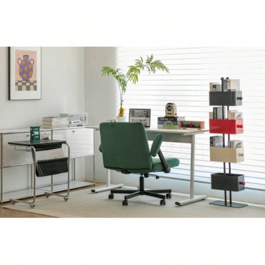 Green Velvet Criss Armrest Office Chair with Wheels - Modern Home Office, Meditation Work