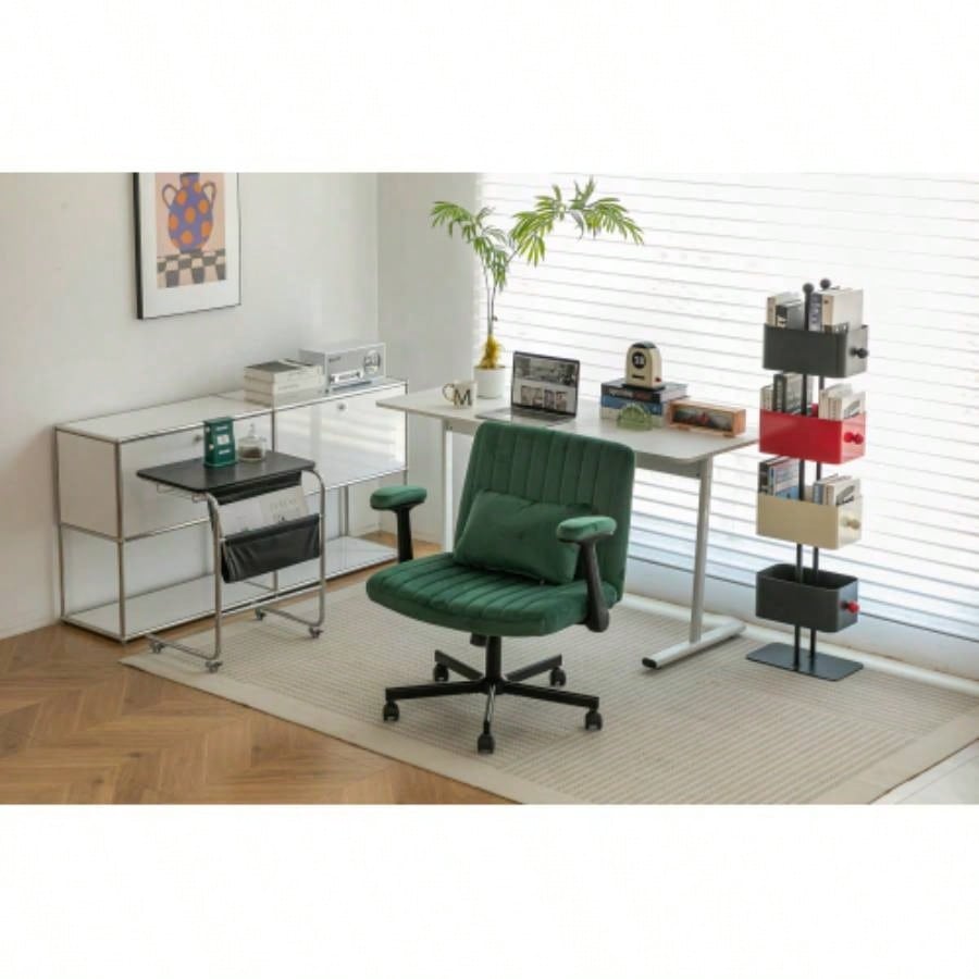 Green Velvet Criss Armrest Office Chair with Wheels - Modern Home Office, Meditation Work