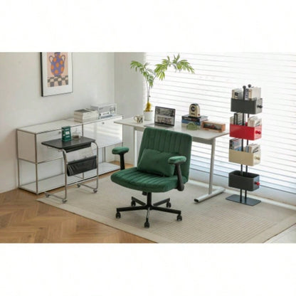 Green Velvet Criss Armrest Office Chair with Wheels - Modern Home Office, Meditation Work