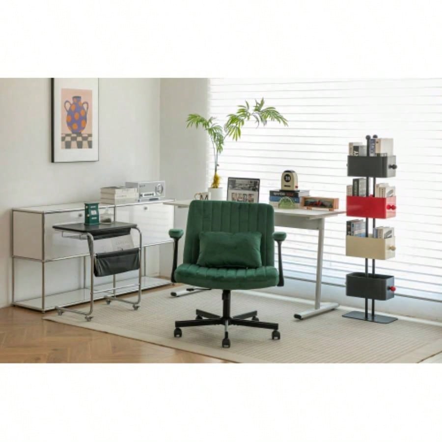 Green Velvet Criss Armrest Office Chair with Wheels - Modern Home Office, Meditation Work