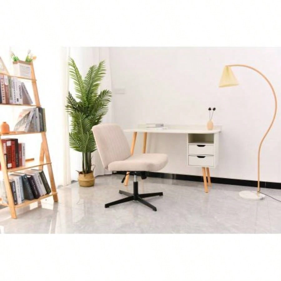 Legged Office Chair, Wide Comfty Desk Chair, Fabric Vanity Home Chair No Wheels Armless Computer Task Chair, Swivel and Height Adjustable